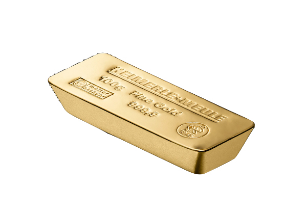 100 Gramm Feingoldbarren in Sargform.